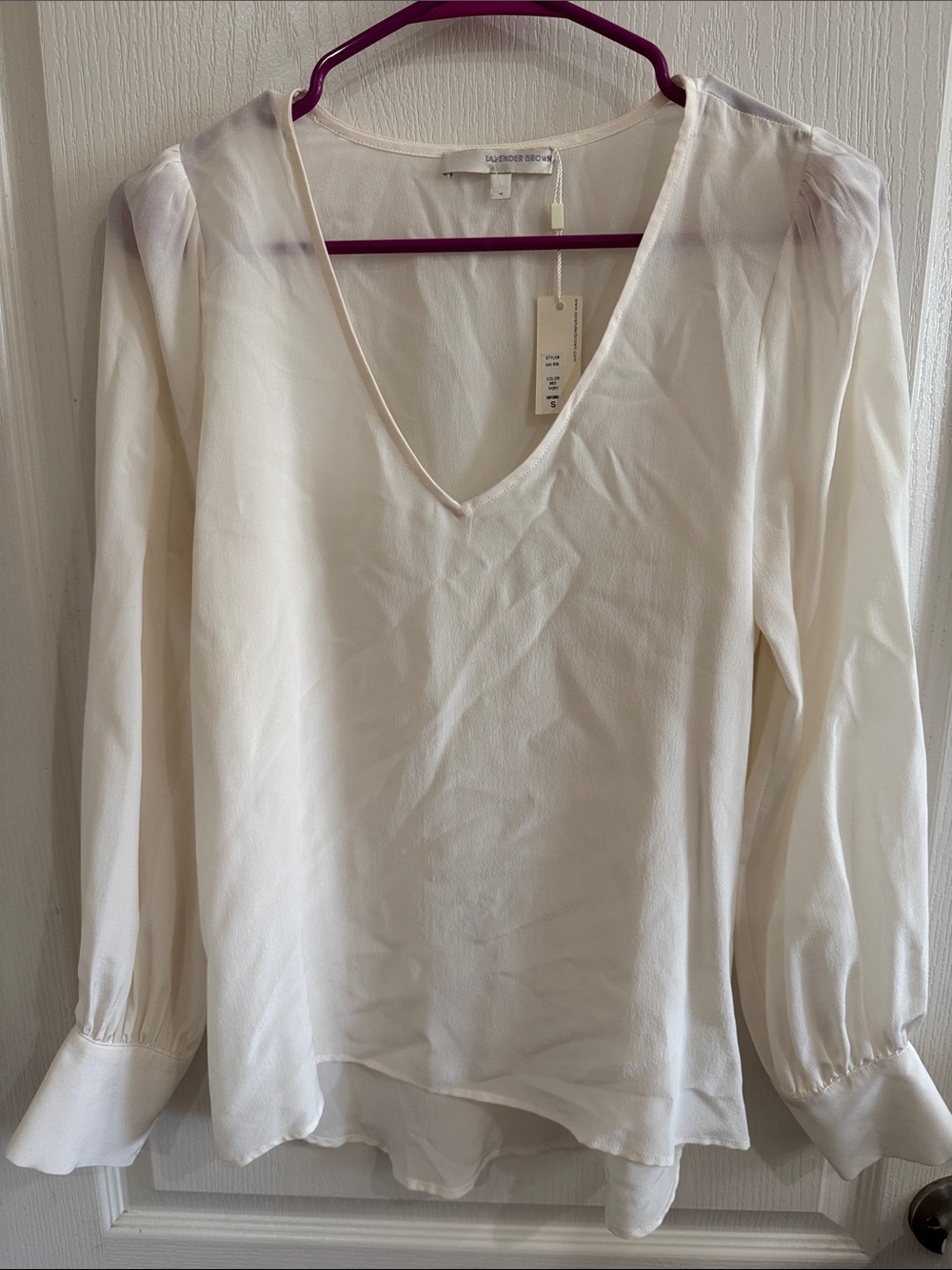 Lavender Brown Ivory V-Neck Long Sleeve Blouse